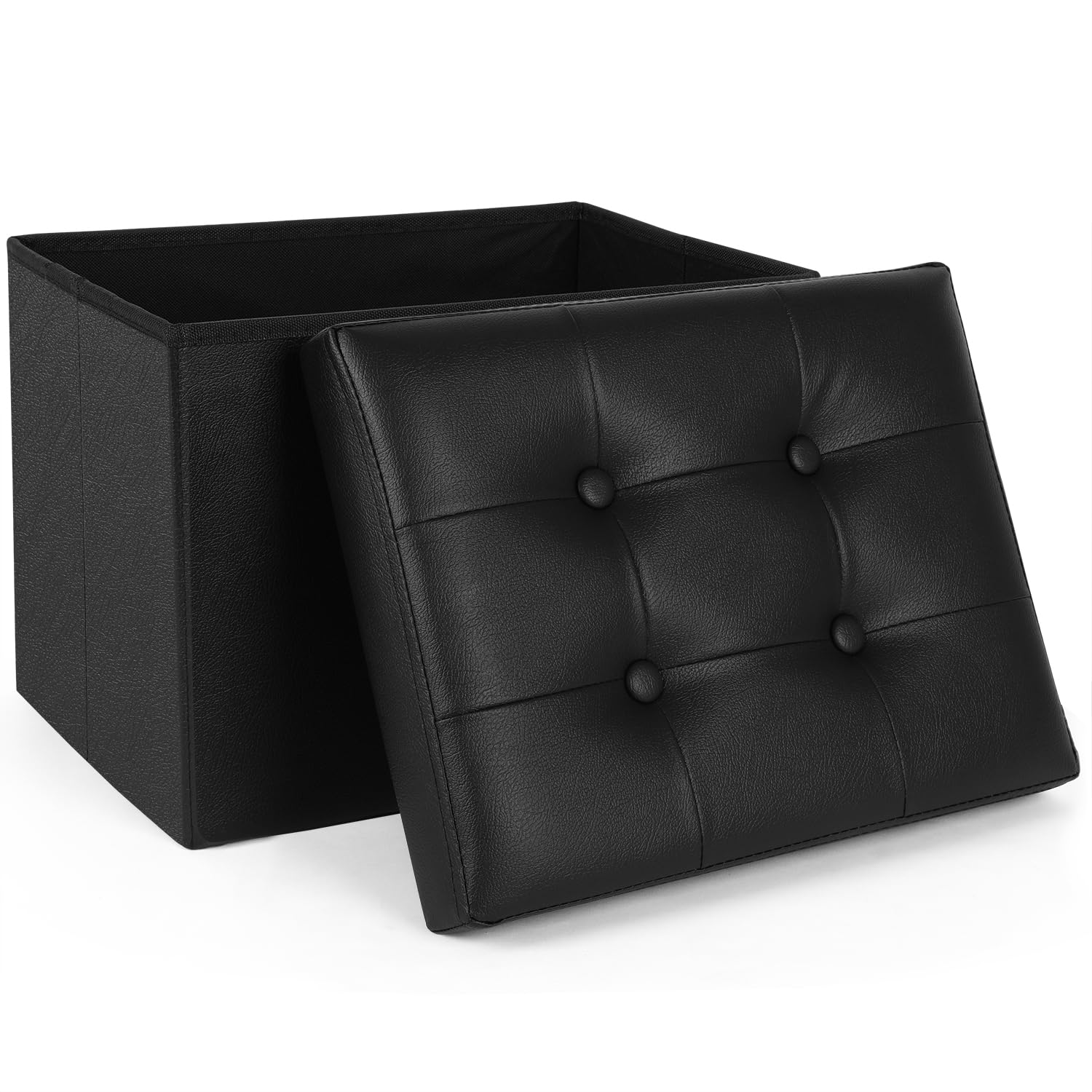 Photo 1 of WoneNice Faux Leather Foldable Storage Ottoman Footrest, 16" x 12" x 12" – Small Ottoman Stool with Hidden Compartment, Soft Padded Seat for Living Room, Bedroom & Office, Black