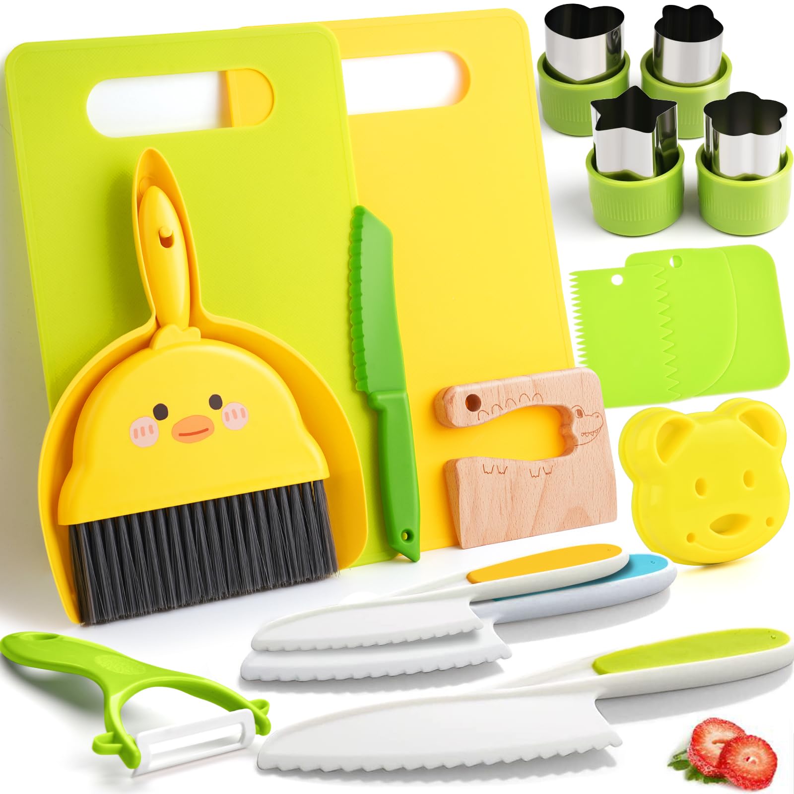 Tyrkuiy Kids Kitchen Tools,19 Pieces Kids Cooking Sets Real-Montessori Cooking Set for Toddlers Chef with Children Safe Knives Cutting Set