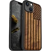 Carveit Magnetic Wood Case for iPhone 14 Plus - Natural Walnut & Black Soft TPU - Shockproof Protective Cover - Unique & Classy Wooden Case - Compatible with MagSafe (American Flag)