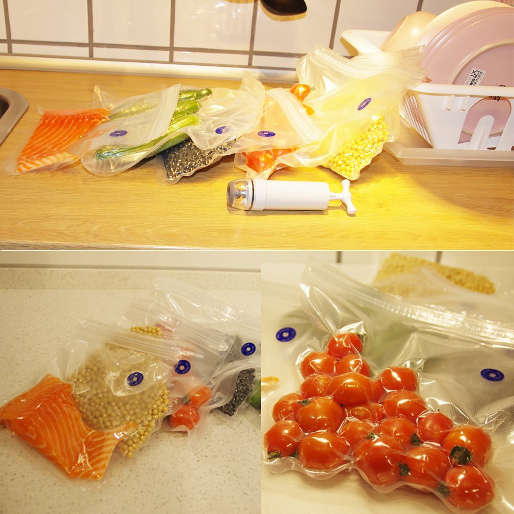 Sous Vide Bags Kit for Cooker - 19 BPA Free Food Vacuum Sealed Bags, 1 Hand Pump, 2 Bag Sealing Clips and 2 Sous Vide Clips, Reusable & Easy to Use, Practical for Food Storage & Cooking