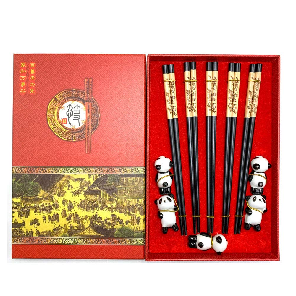 Mainiusi Wooden Chopsticks Set with Rest Reusable Japanese Natural Wood Chopstick Panda Ceramics Holder 5 Pairs Authentic Traditional Chinese Tableware for Beginners Dinner Set with Gift Box