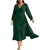 RWJ Plus Size Wedding Guest Dress for Women Deep V Neck Long Sleeve High Waist Slit Formal Cocktail Party Fall Maxi Dresses