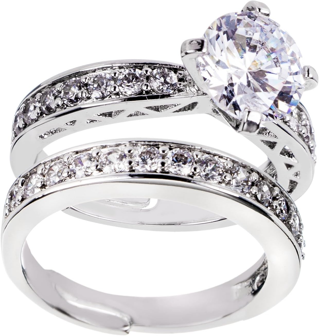 Silver Engagement Rings for Women - Set of 2 Wedding Bands, White Crystal Cubic Zirconia CZ, Jewellery Gift Box, Adjustable Fidget Ring