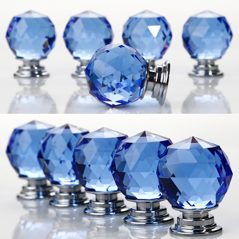 Crystal Door Knobs, 5 X 30MM Crystal Glass Diamond Cut Door Knobs Kitchen Cabinet Drawer Knobs with Screw for Home Decorating, Blue