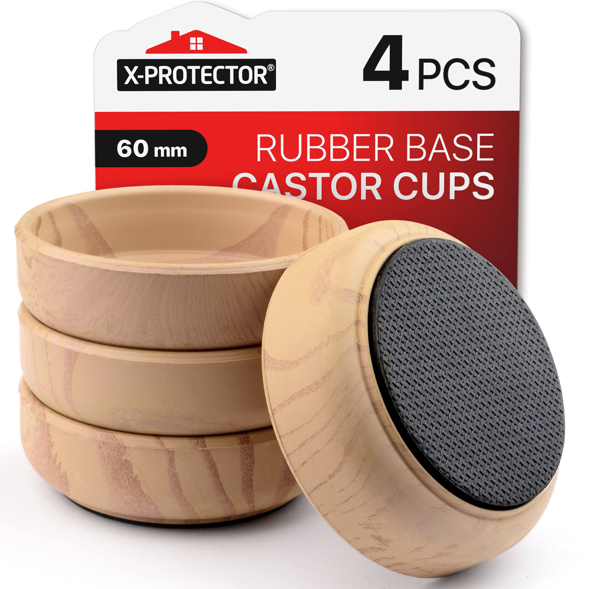 Rubber Base Castor Cups 4 PCS Ø60mm X-Protector – Furniture Castors with Non-Slip Base – Floor Protectors for Chair & Sofa Legs – Prevent Scratches with Our Furniture Coasters & Bed Wheel Stoppers!