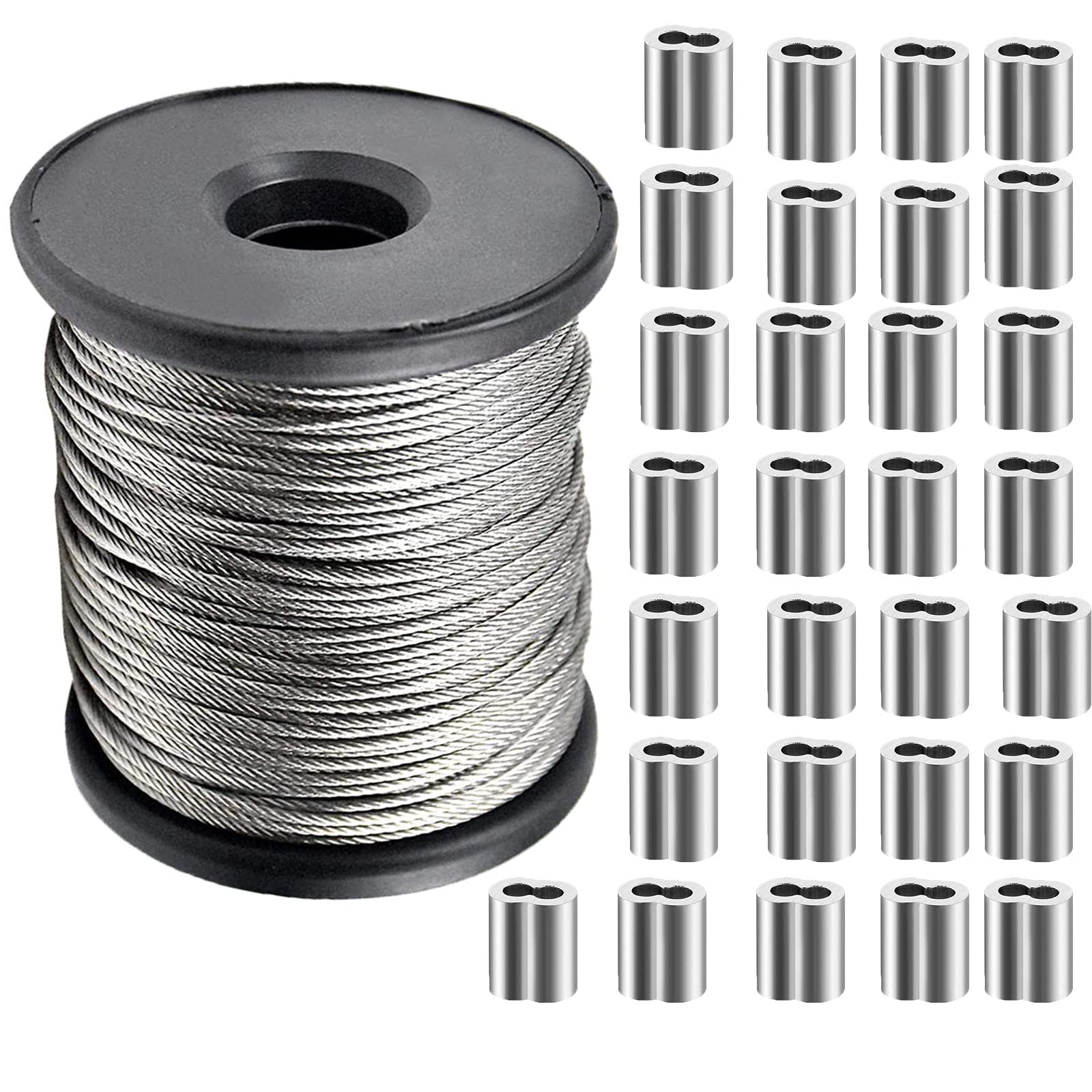 60m / 186FT Wire Rope Kit, 1.5mm Stainless Steel Wire Cable, 7x7 Heavy Duty Picture Hanging Wire with 40pcs Aluminum Loop Sleeve 1.5mm, Garden Rope Cable Wire For Railing Decking,Picture Frames