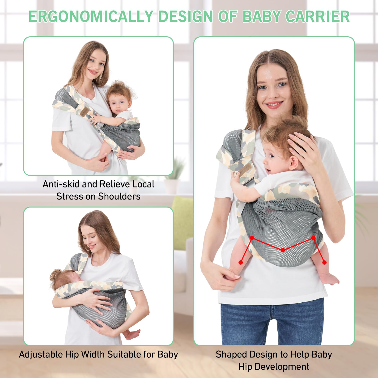 Huifen Adjustable One Shoulder Baby Carrier for Infant, Lightweight Breathable Mesh Baby Hip Carrier Portable Baby Carrier Sling for Newborn to Toddler Girl and Boy 6-40 lbs (Green)