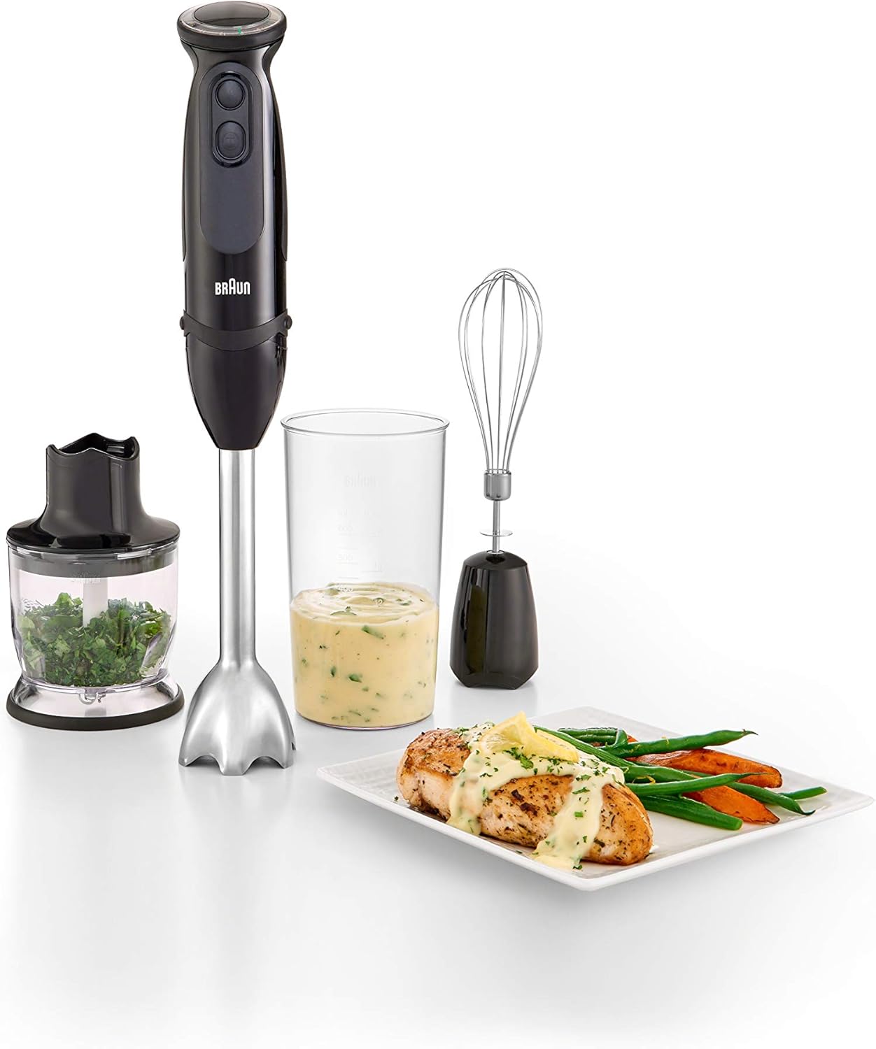 Braun 3-in-1 Immersion Hand Blender, Powerful 400W Stainless Steel Stick Blender, 21-Speed + 1.5-Cup Food Processor, Whisk, Beaker, High Quality, Easy to Clean, MultiQuick MQ5025: Kitchen & Dining