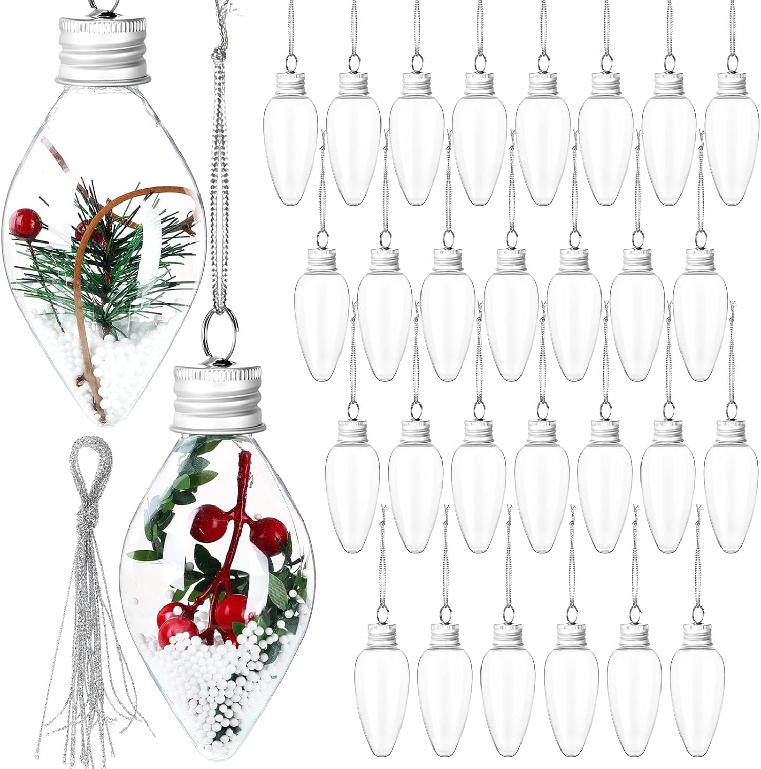 Ornaments - 30 Pieces Fillable Clear Bulbs Plastic Light Hanging Ornaments , Ball Ornaments with Screw Off Caps and Silver Rope for Christmas Decorating on DIY Crafts Candy