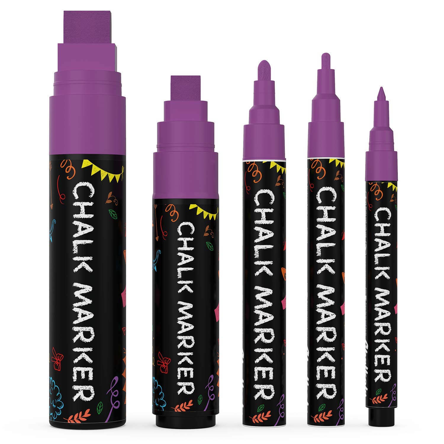 5 Purple Chalkboard Chalk Pens - Purple Dry Erase Markers for Blackboard, Chalkboard Signs, Windows, Glass | Variety Pack - Fine & Jumbo Size Ink Pen (1mm, 3mm, 6mm, 10mm, 15mm)