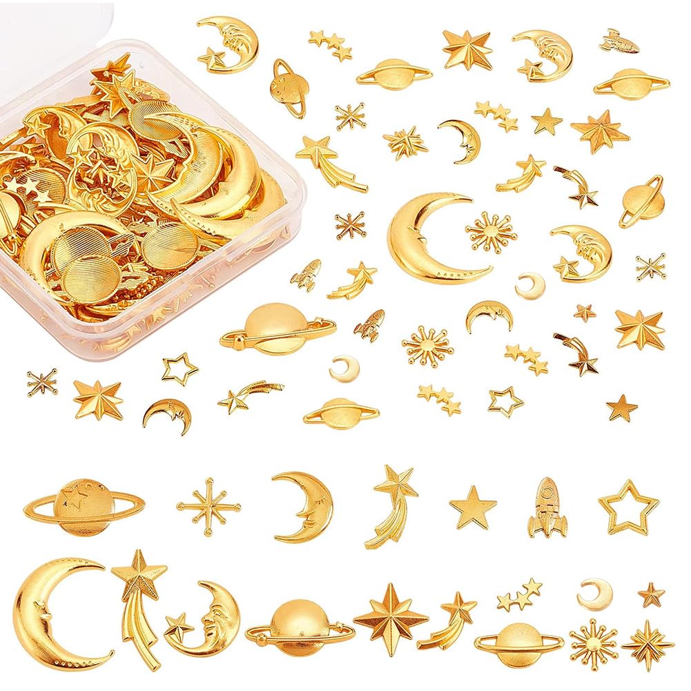 OLYCRAFT 120pcs Cosmos Theme Resin Fillers 20-Style Alloy Cabochons Epoxy Filling charms Stars Moon Spaceship Filling Accessories for Resin Craft Jewelry DIY - Golden
