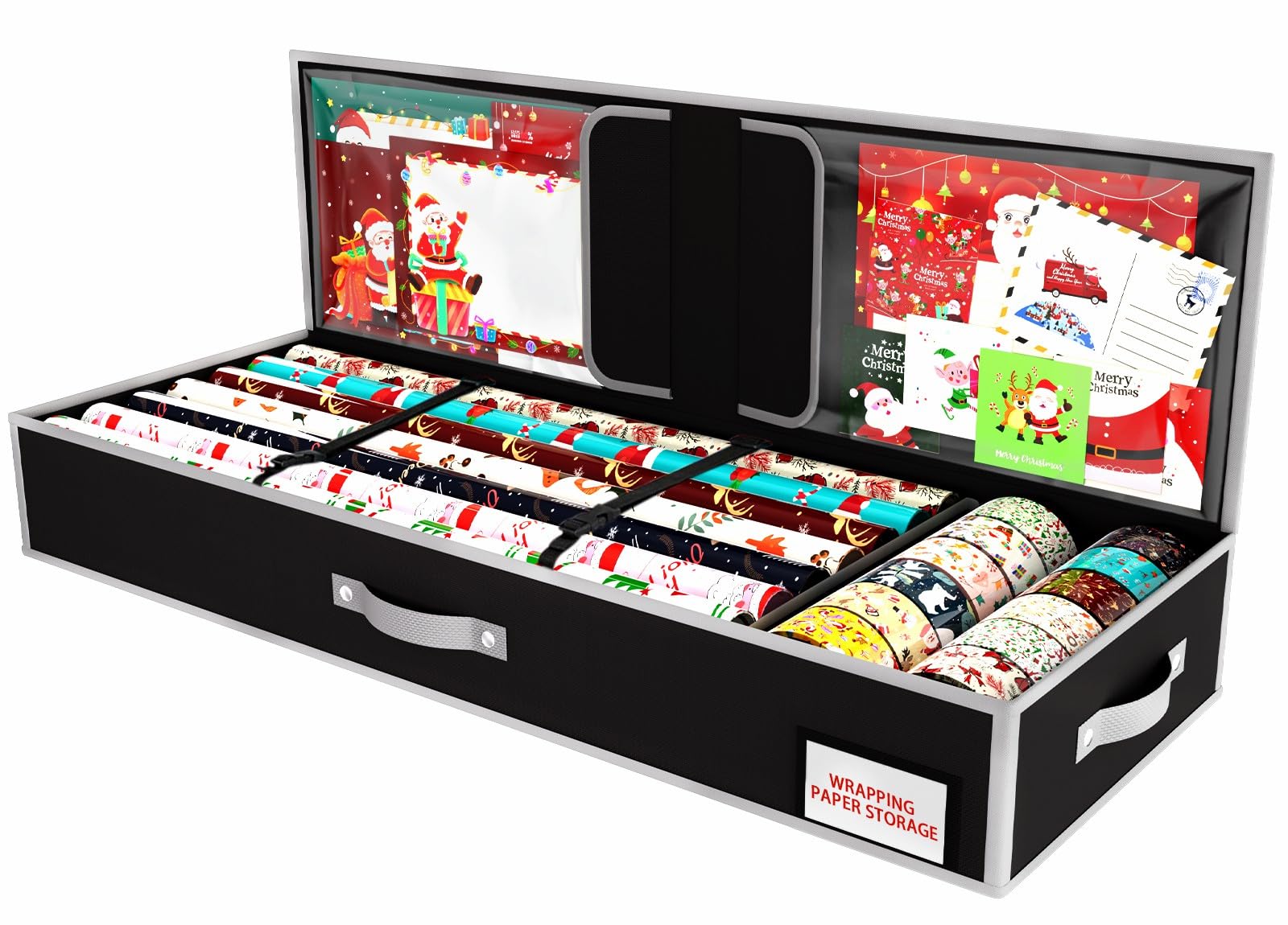 KYEVIS Christmas Wrapping Paper Storage Bag with Multiple Pockets, Gift Wrap Storage Bag Fits 24 Rolls, Christmas Decoration Organiser Box for Bows, Tags, Scissor & Ribbons(Black)