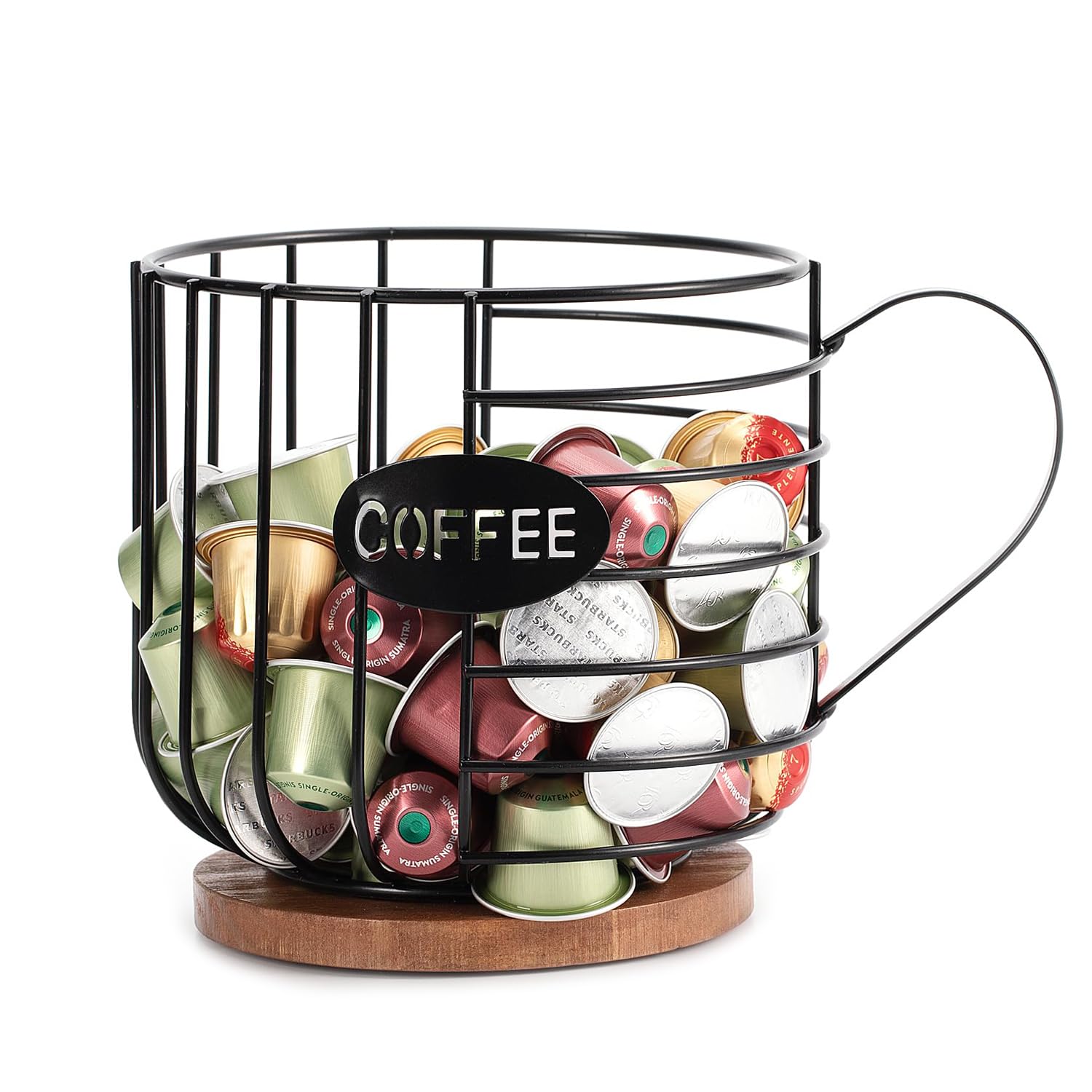 Hniuyun Coffee Pod Organizer, Counter Coffee Capsule Holder, Coffee Bar Accessories, Large Capacity Black Wire Kup Storage Basket with Wooden Base for Kitchen and Office