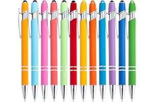 PASISIBICK 12 Pieces Rainbow Rubberized Soft Touch Ballpoint Pen with Stylus Tip, Stylish, Premium Metal Pen, Black Ink, Medium Point(Pack of 12)