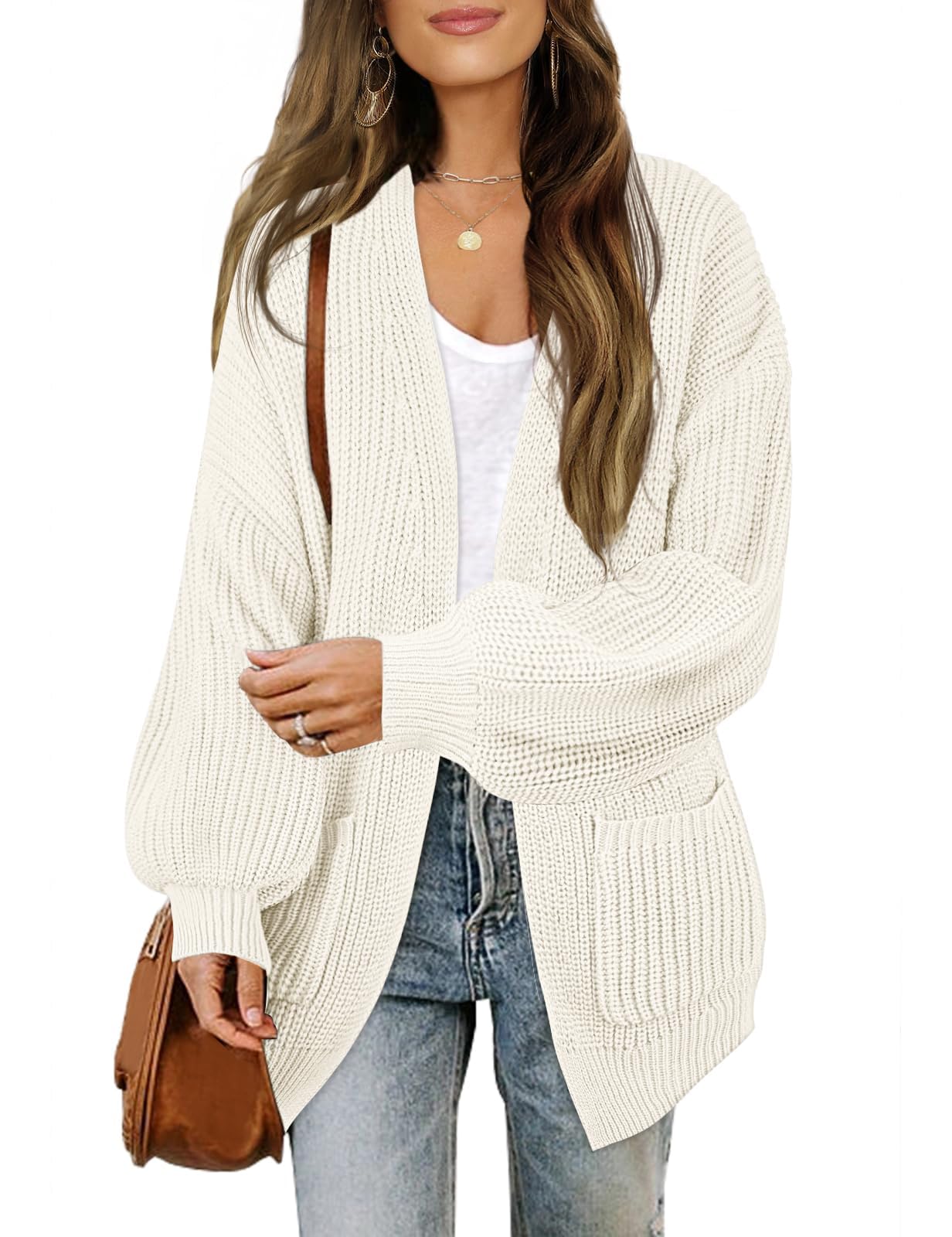 MEROKEETY Women's Chunky Cardigan Sweaters 2025 Lantern Long Sleeve Oversized Knit Outerwear with Pockets, Beige, S Image
