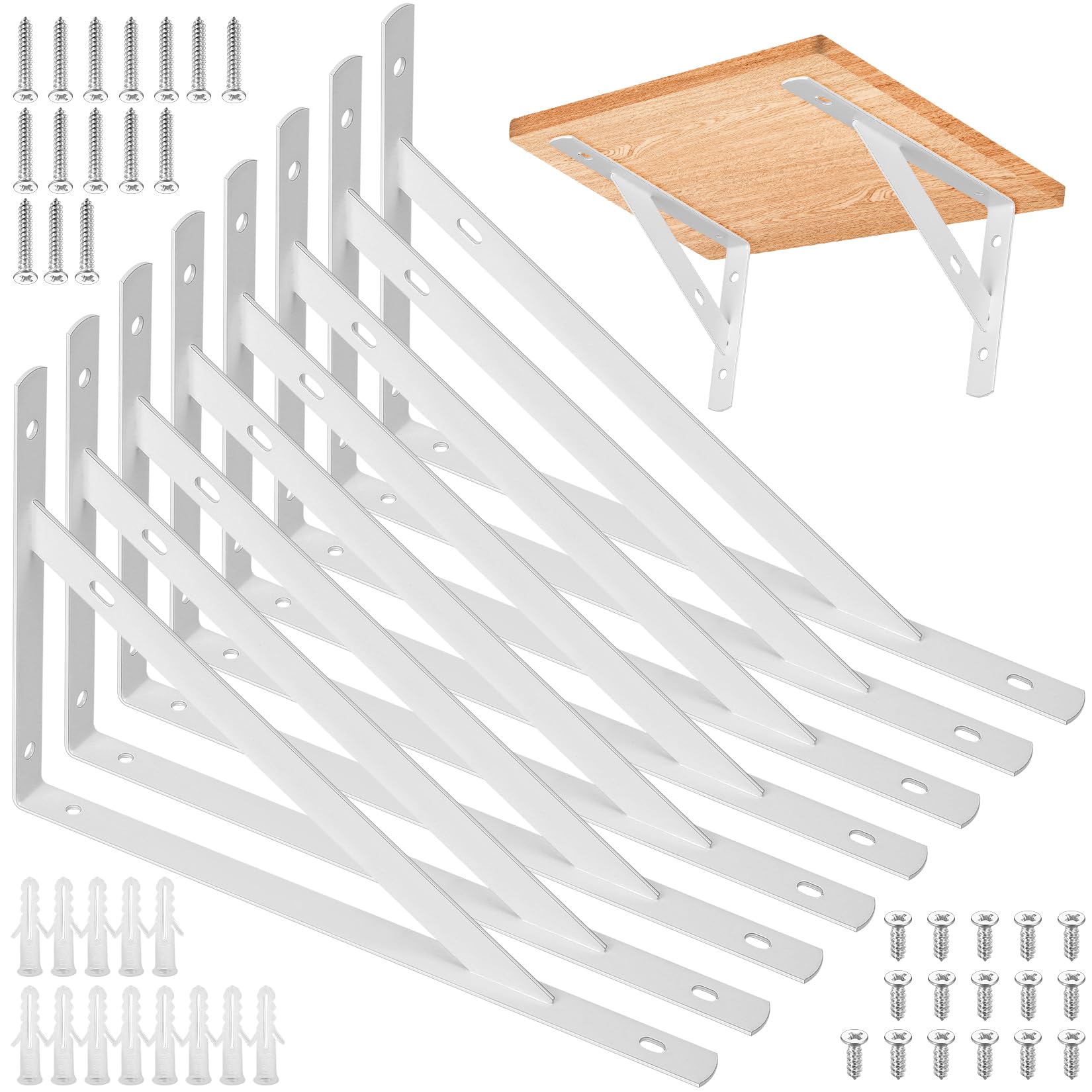 8 Pieces Shelf Brackets Heavy Duty, Wall Mounted Triangle Shelving Brackets, 90 Degree Right Angle Shelf Supporters Brace Brackets, for Living Room Bedroom (White 300x190mm/11.81x7.48 inch) — image 1
