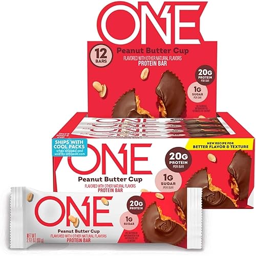 ONE Protein Bars, Peanut Butter Cup, Gluten Free with 20g Protein and 1g Sugar, Pantry Staples, 2.12 oz (12 Count)