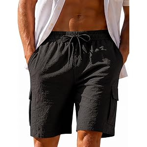 Lzzidou Men's Summer Casual Shorts with Cargo Pockets | Drawstring Elastic Waist, 8 Inch Inseam, Quick Dry, Beach Shorts, Lin
