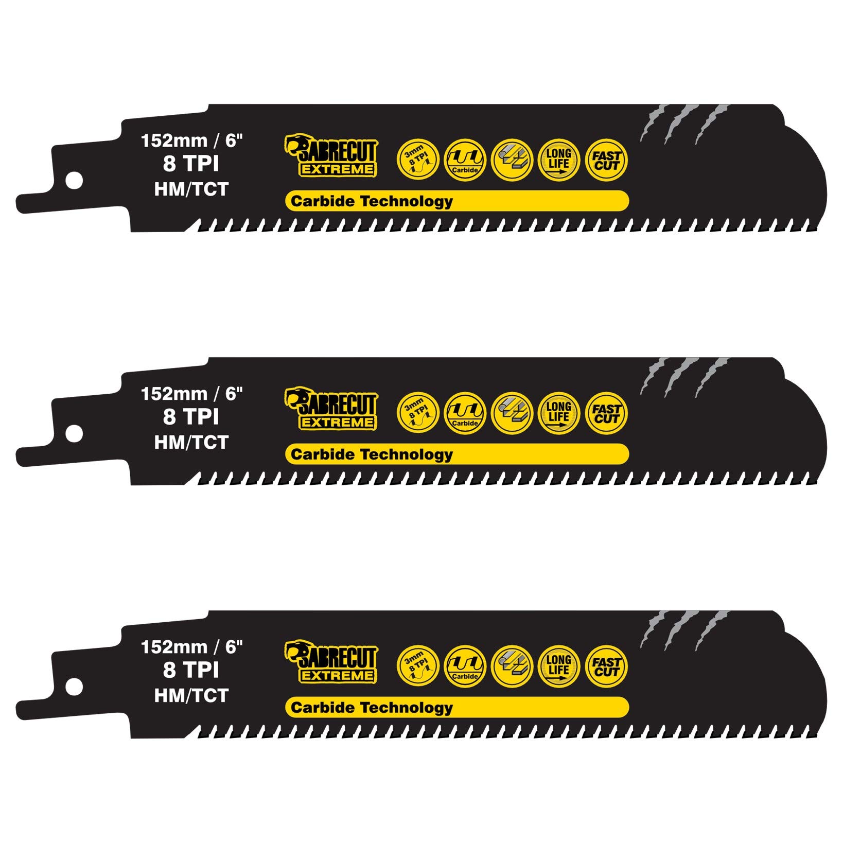 3 x SabreCut SCRS930HM_3 Tungsten Carbide 152mm 8 TPI S930HM Very Fast Wood and Metal Cutting Reciprocating Sabre Saw Blades