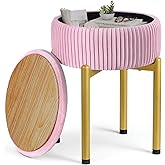 Memobarco 18-Inch Velvet Vanity Stool Chair with Storage, Vanity Bench with 4 Golden Metal Legs & Anti-Slip Adjustable Feet,Round Storage Ottoman Stool with Removable Soft Padded Seat, Pink