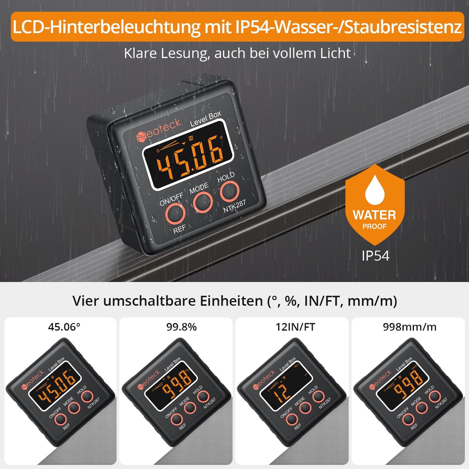 Neoteck Digitaler LCD Winkelmesser Neigungsmesser Wasserdicht Inklinometer Bevel Box Winkelmessgerät Wasserwaage - Schwarz 4