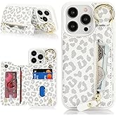 Havaya for iPhone 15 pro max case Wallet with Card Holder for Women Men Shockproof Phone case with Keychain Ring Stand Leather Zipper Credit Card Slots-White Leopard Print