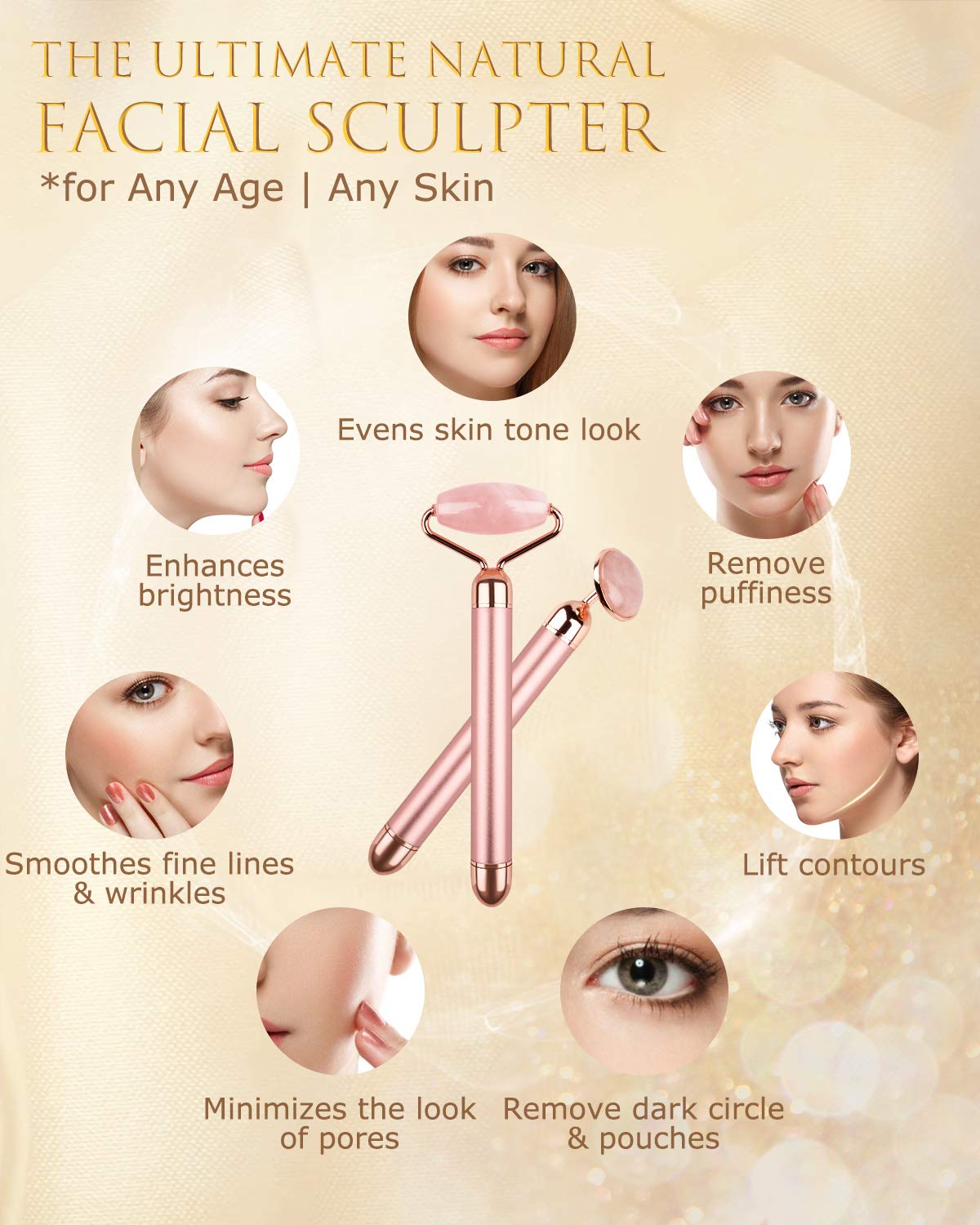 Jade Roller for Face, Electric Facial Roller Massager 2 IN 1 Natural Rose Quartz Face Roller Set Waterproof Vibrating Beauty Skin Care Tools Anti-Ageing Skin Firming Face Slimming for Face, Eyes, Neck: Beauty