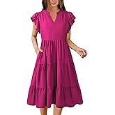 Hount Women's Summer Casual Dress 2025 V Neck Short Sleeve Midi Sundress Party Dress Flowy Tiered Beach Dresses with Pockets