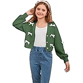 MakeMeChic Girl's Cute Bow Cropped Cardigan Sweaters Long Sleeve V Neck Button Down Knitted Cardigan