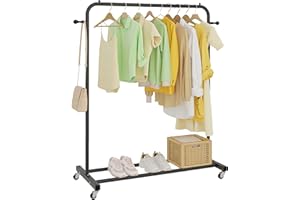 Sywhitta Clothing Rack on Wheels with Storage Shelf & Sturdy Metal Frame, Retail Clothing Rack for Hanging Clothes, Coats, Skirts,Space-Saving Mobile Organizer for Closet, Bedroom, Laundry Room, Black