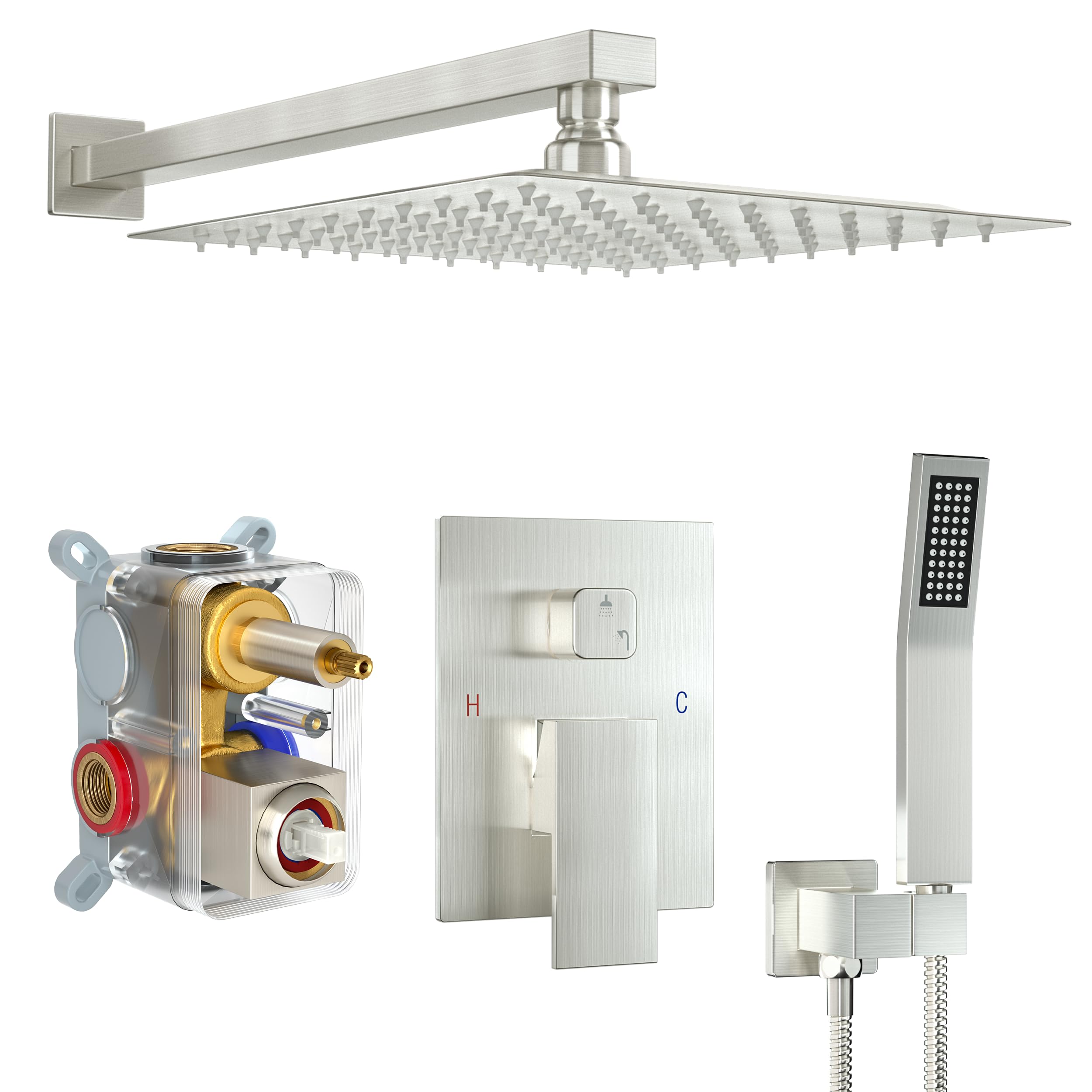 Baetuy 12 Inch Shower Faucet Set, Rainfall Shower System With High Pressure Handheld And Square Fixed Shower Headspray Wall Mounted Shower Fixtures