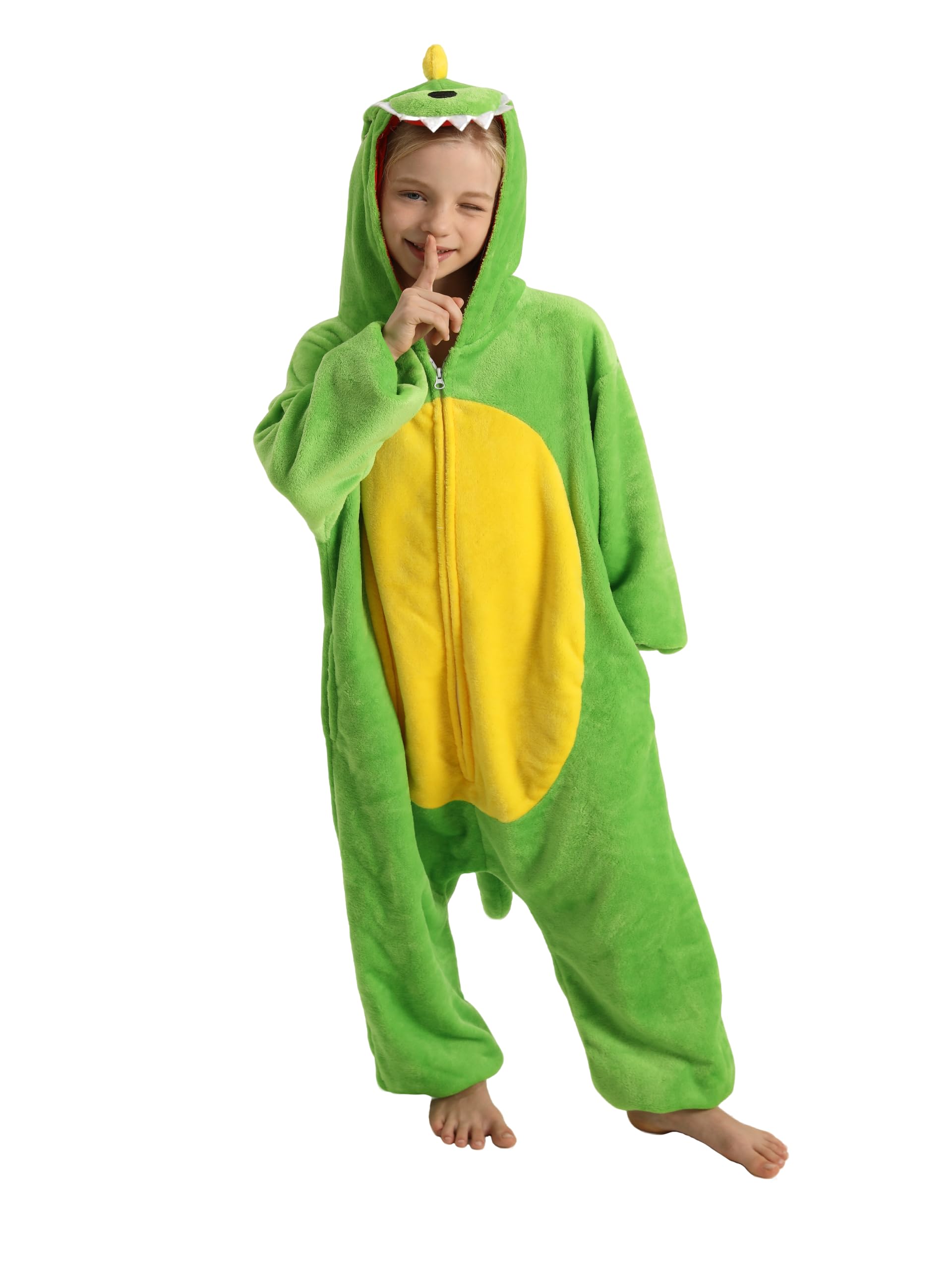 Photo 1 of LONULAIN Unisex Kids Animal Oneise Pajamas, Boys Girls Flannel Hooded Halloween Cosplay Costume/Homewear/Sleepwear (Dinosaur,7-8 Years)