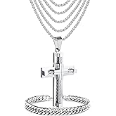JUNOVUROS Large and Small Men's Cross Necklace Set with 5 Rolo Chains and 1 Cuban Bracelet, Jesus Christ Cross Religious Jewelry Gift, Silver/Gold/Black