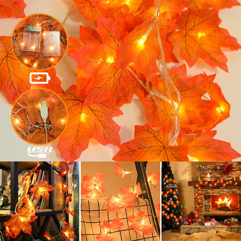 Halloween Thanksgiving Decorations Lights - Autumn Maple Leaf Garland Battery & USB 2-in-1,20 LEDs,6.56ft Christmas Hanging String Lighting Decor for Indoor Outdoor Garden