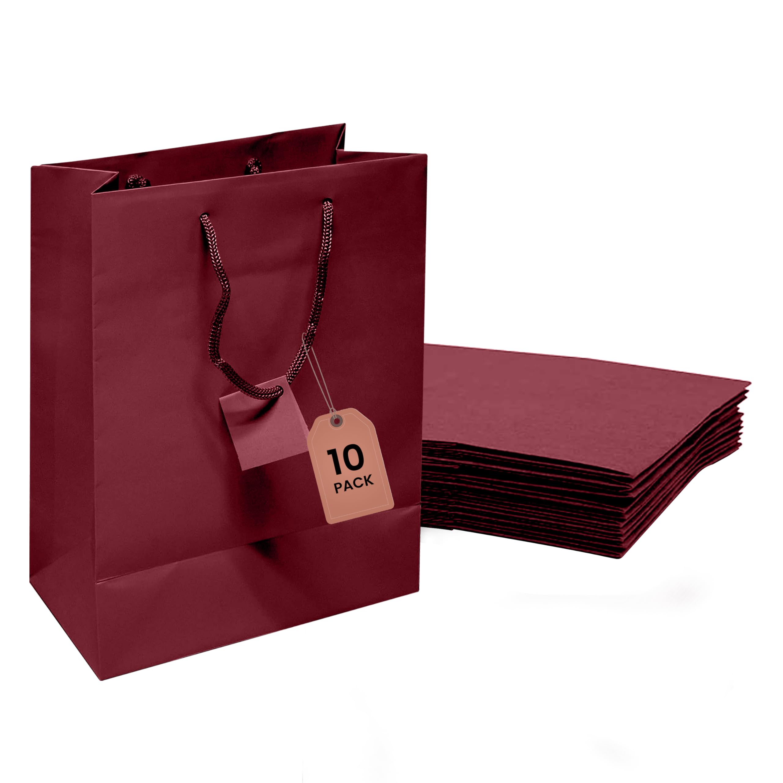 Novel Box Burgundy Gift Bags with Handles 10 Pack 4.75x3.25x6.75 Inches Small Paper Bulk Gift Bags for Business, Shopping, Birthday, Party Favor - Euro Tote Paper Bag for Groceries & Personal Use