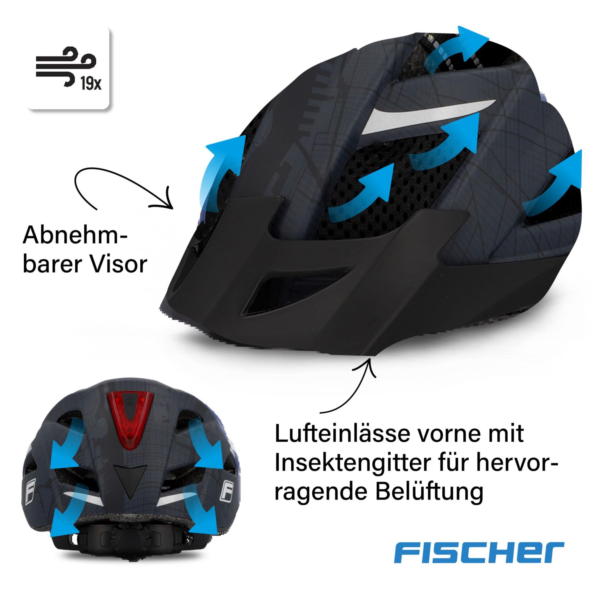 Fischer Erwachsene Fahrradhelm, Radhelm, Cityhelm Urban Plus Brooklyn, L/XL, 58-61cm, blau, mit integriertem LED-Rücklicht 9