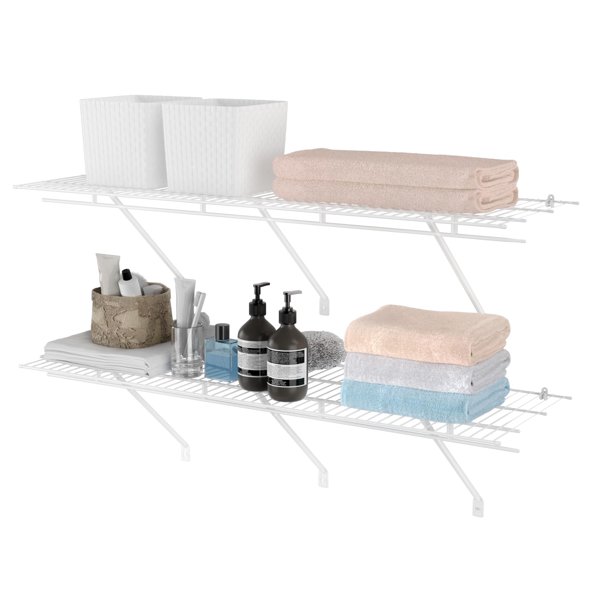 HAUSHOF Closet Shelves Wall Mounted 2-Pack, 4ft x 16in White Metal Wire Shelving for Laundry Room, Closet, Basement Organization and Storage