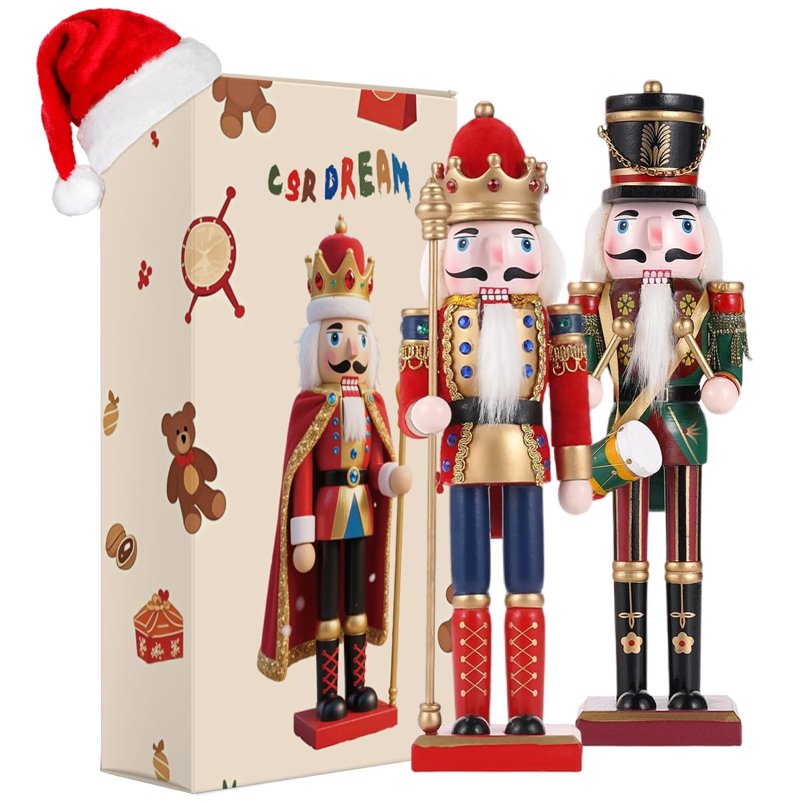 Photo 1 of 11.8 Inch Wooden Nutcracker Ornaments(Christmas Decorations Nutcracker Figures)(Festive Collectible Gift) for Table Desktop Fireplace Thanksgiving Christmas Decor,Drummer&King