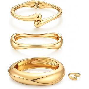 TOPERLADY Chunky Gold Bangle Bracelets for Women, 14K Gold Plated Stackable Bangles Rings Jewelry Set, Trendy Statement Cuff