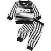 Scloutarry Baby Boy Hockey Outfit Long Sleeve Crew Neck Striped Hockey Embroidered Sweatshirt Pants Toddler Winter Clothes