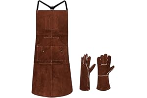 eletecpro Leather Welding Apron & Welding Gloves Heavy Duty Durable - Length 42 Inch 6 Pockets Cowhide Heat Resistant