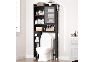 Cozivolife Over The Toilet Storage Cabinet with Acrylic Door Panel and Paper Towel Drawer, Bamboo Space Saver Shelf, Bathroom Organizer Rack Above WC (Without Power Strip, Brown)