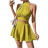 SweatyRocks Women's Halter CropTop and Ruffle Wide Leg Shorts Sets 2 Piece Summer Vacation Outfits