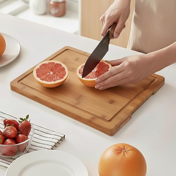 TAFOPUE BAMBOO CUTTING BOARD, LARGE KITCHEN CHOPPING BOARD WITH DEEP JUICE GROOVE & BUILT-IN HANDLE, REVERSIBLE WOODEN CHARCUTERIE BOARD AND SERVING TRAY FOR MEAT, BREAD, FRUIT, DAILY USE, 16×11×0.6”