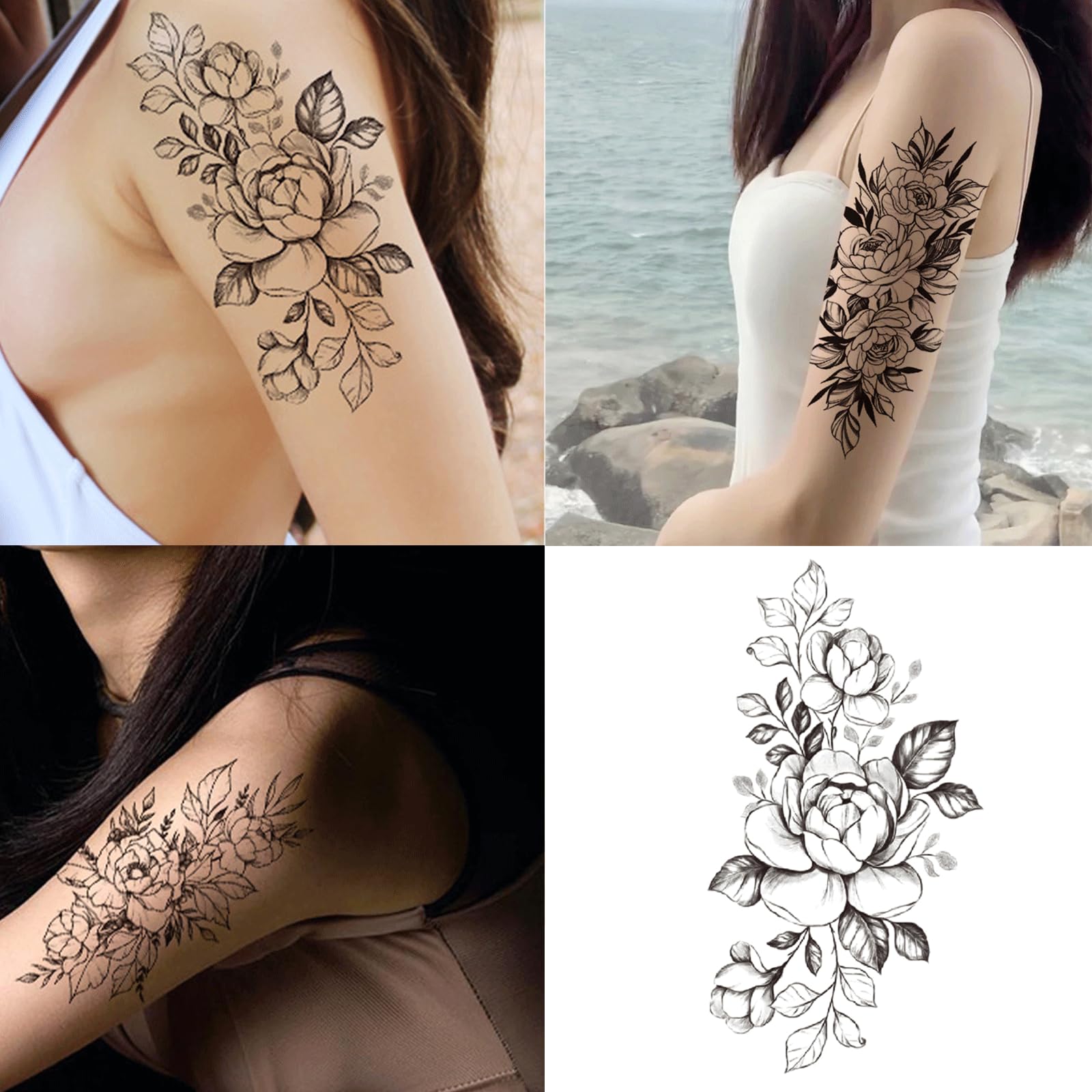 Photo 1 of 10 Sheets 3D Black Flower Rose Temporary Tattoos For Women Girls, Waterproof Tattoo Stickers Fake Tattoos Stickers Body Art Arm Thigh Sketch Tattoo Stickers