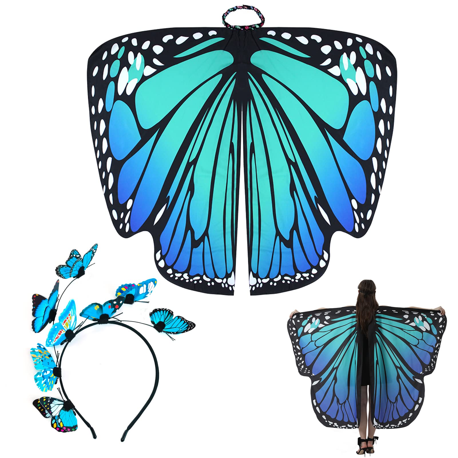 Karjiaja Adult Butterfly Wings Cape Fancy Dress Up Rainbow Butterfly Costume for Christmas Halloween Party with Butterfly Headband