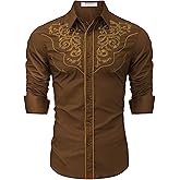 EDFTM Men's Western Cowboy Shirts Long Sleeve Button Down Embroidered Vintage Casual Hippie Shirts