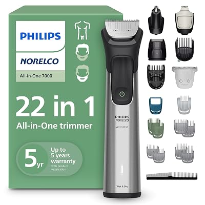 Norelco Philips All-in-One 7000 Series 22-Piece Trimmer - Electric Shaver and Clipper for Face, Beard, Head & Body, Self-Sharpening Full Metal Blades, 28 Length Settings (0.5-16 mm), MG7975/49