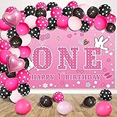 5x3FT Pink Mouse 1st Birthday Backdrop Balloons Decorations 53Pcs Pink Black Balloon Garland Arch Kit, Rose Red Bow Foil Balloons for Girls Mouse Baby Shower Party Supplies