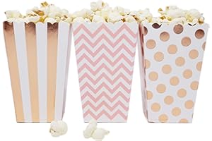 Chloe Elizabeth Mini Popcorn & Candy Favor Treat Boxes for Birthday, Bridal and Baby Shower - Polka Dot, Chevron, Striped Assorted Designs - 36 Count (Pink, Rose Gold)